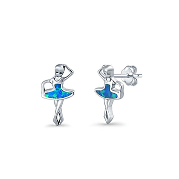 Ballet Dancer Stud Earrings Lab Created Blue Opal 925 Sterling Silver (11mm)